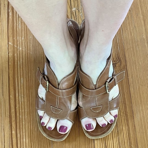 Women’s Dark Tan Leather Wooden Heeled Sandals - Picture 9 of 11